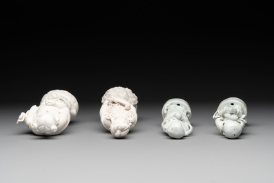 A pair of Chinese white-glazed figures and two Dehua blanc de Chine figures, Dehua 德化 and Xuande mark, 18th C. and later