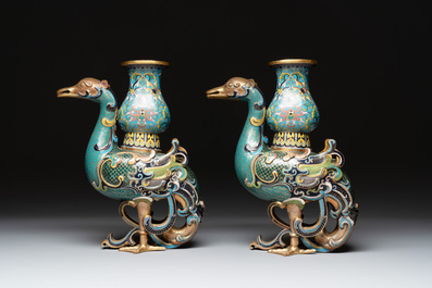 A pair of Chinese cloisonn&eacute; duck-form vases, 19/20th C.