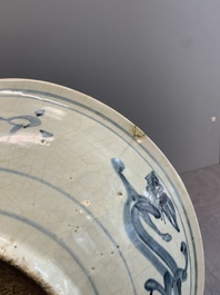 A Chinese Swatow blue and white 'qilin' dish, Ming