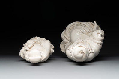 Three Chinese Dehua blanc de Chine figures of Guanyin and Wenchang, He Chaozong 何朝宗 and Dehua 德化 marks, 20th C.