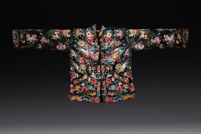 Two Chinese embroidered silk women's robes, 20th C.
