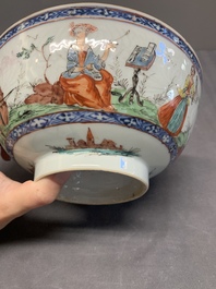 Two Dutch-decorated Chinese blue and white bowls with figures and landscapes, Qianlong