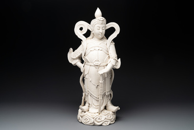 A large Chinese Dehua blanc de Chine figure of Weituo, He Chaozong 何朝宗 and Dehua 德化 mark, 20th C.
