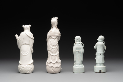 A pair of Chinese white-glazed figures and two Dehua blanc de Chine figures, Dehua 德化 and Xuande mark, 18th C. and later