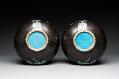 A pair of Chinese cloisonn&eacute; 'peonies' vases and a pair of jardini&egrave;res with precious stone chrysanthemums, 20th C.