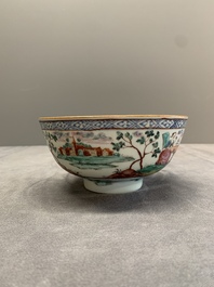 Two Dutch-decorated Chinese blue and white bowls with figures and landscapes, Qianlong