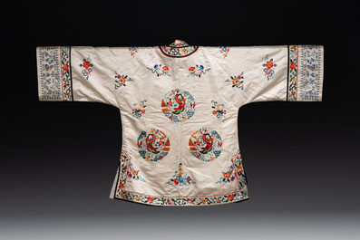 Two Chinese embroidered silk women's robes, 20th C.