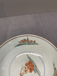 Two Dutch-decorated Chinese blue and white bowls with figures and landscapes, Qianlong