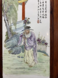 A Chinese carved wooden panel with famille rose plaques in the style of Wang Qi 王琦, dated 1932