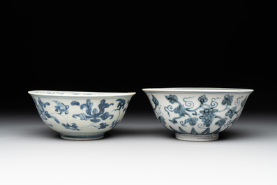 Two Chinese blue and white bowls, two jarlets and two ewers, Ming