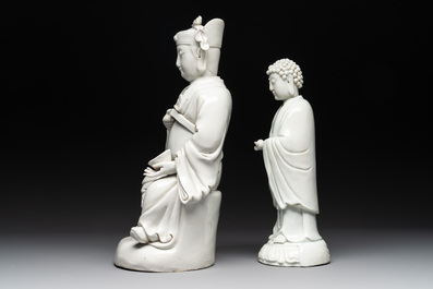 Two Chinese Dehua blanc de Chine Buddha and Wenchang figures, a seal paste covered box, a vase and an iron-red-glazed boy, Qianlong mark, 19/20th C.