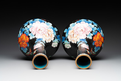 A pair of Chinese cloisonn&eacute; 'peonies' vases and a pair of jardini&egrave;res with precious stone chrysanthemums, 20th C.