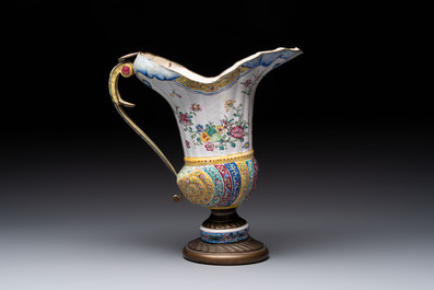 A Chinese Canton enamel helm-shaped ewer and an oval basin, Qianlong