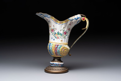 A Chinese Canton enamel helm-shaped ewer and an oval basin, Qianlong