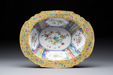 A Chinese Canton enamel helm-shaped ewer and an oval basin, Qianlong