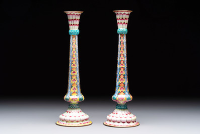 A pair of Chinese Canton enamel 'lotus' candlesticks, Yongzheng