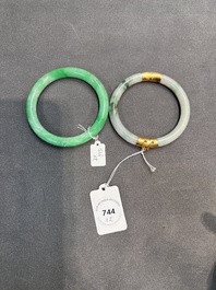 Two Chinese jadeite bracelets, one with 14K gold mounts, 19/20th C.