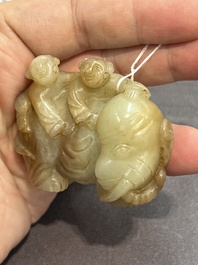 Three Chinese celadon and russet jade carvings of animals, 19th C.