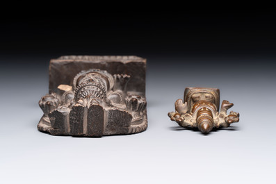 A Indian soapstone figure of Vishnu and a small bronze figure of Vishnu, 18/19th C.