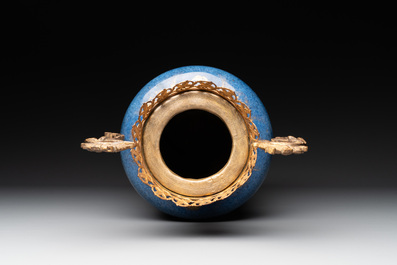 A Chinese gilt-decorated bronze-mounted powder-blue vase with floral design, Kangxi