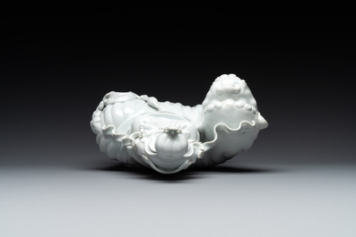 Two Chinese white-glazed Bodhisattvas, a sancai-glazed duck and a turquoise-glazed lion, 20th C.