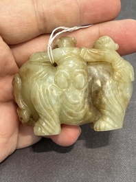 Three Chinese celadon and russet jade carvings of animals, 19th C.