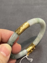 Two Chinese jadeite bracelets, one with 14K gold mounts, 19/20th C.
