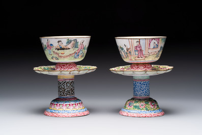A pair of Chinese Canton enamel marriage bowls on stems, Yongzheng