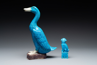 Two Chinese white-glazed Bodhisattvas, a sancai-glazed duck and a turquoise-glazed lion, 20th C.