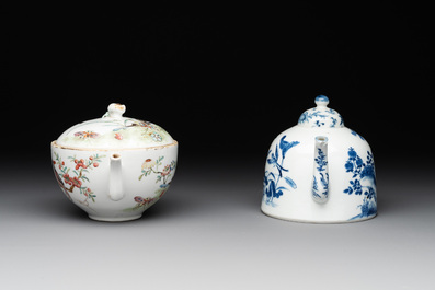 Two Chinese blue, white and famille rose 'birds and flowers' teapots and a cup, Chenghua and Tongzhi marks, 19th C.