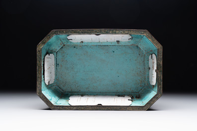 A Chinese Canton enamel gilt-decorated dark-green-ground jardini&egrave;re with four inserted plaques, Qianlong/Jiaqing