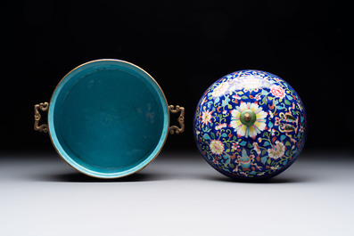 A Chinese Canton enamel three-piece warming bowl or tureen, Qianlong
