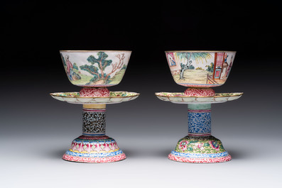 A pair of Chinese Canton enamel marriage bowls on stems, Yongzheng