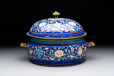 A Chinese Canton enamel three-piece warming bowl or tureen, Qianlong