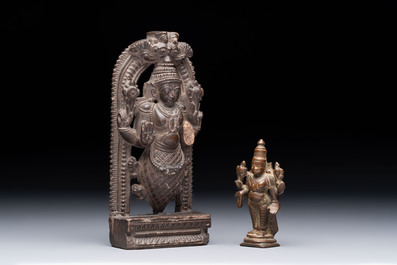 A Indian soapstone figure of Vishnu and a small bronze figure of Vishnu, 18/19th C.