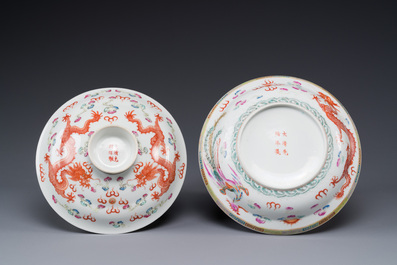 A Chinese famille rose 'dragon and phoenix' bowl and cover, Guangxu mark, 19th C.