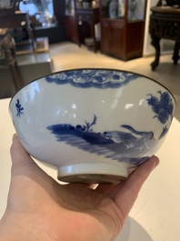 A Chinese blue and white 'Bleu de Hue' 'roosters and chick' plaque in a carved wooden screen and a bowl, 19th C.