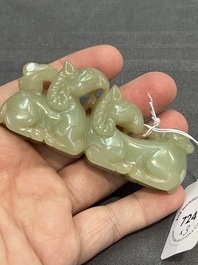 Three Chinese celadon and russet jade carvings of animals, 19th C.