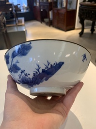A Chinese blue and white 'Bleu de Hue' 'roosters and chick' plaque in a carved wooden screen and a bowl, 19th C.