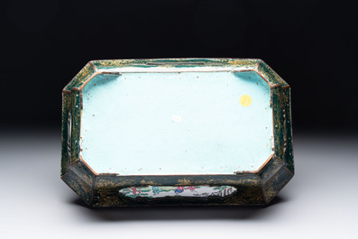 A Chinese Canton enamel gilt-decorated dark-green-ground jardini&egrave;re with four inserted plaques, Qianlong/Jiaqing