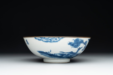 A Chinese blue and white 'Bleu de Hue' 'roosters and chick' plaque in a carved wooden screen and a bowl, 19th C.