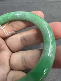 Two Chinese jadeite bracelets, one with 14K gold mounts, 19/20th C.
