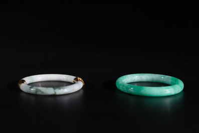 Two Chinese jadeite bracelets, one with 14K gold mounts, 19/20th C.