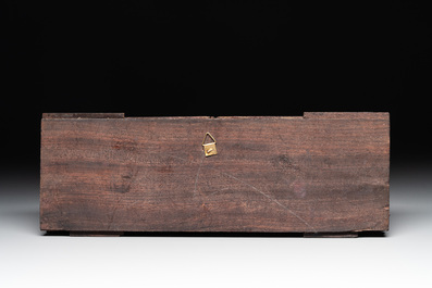 Six Chinese bone-inlaid lacquered wooden furniture panels with hunting scenes, 18/19th C.