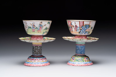 A pair of Chinese Canton enamel marriage bowls on stems, Yongzheng