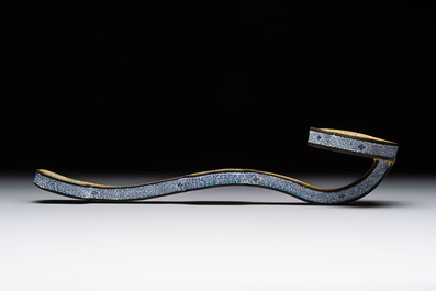 A Chinese Beijing enamel yellow-ground 'Bajixiang' ruyi sceptre, Qianlong mark, 19/20th C.