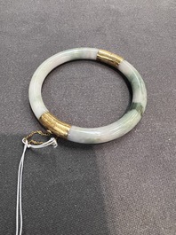 Two Chinese jadeite bracelets, one with 14K gold mounts, 19/20th C.