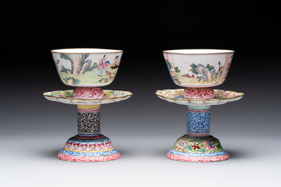 A pair of Chinese Canton enamel marriage bowls on stems, Yongzheng