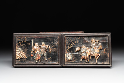 Six Chinese bone-inlaid lacquered wooden furniture panels with hunting scenes, 18/19th C.