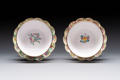 A pair of Chinese Canton enamel marriage bowls on stems, Yongzheng